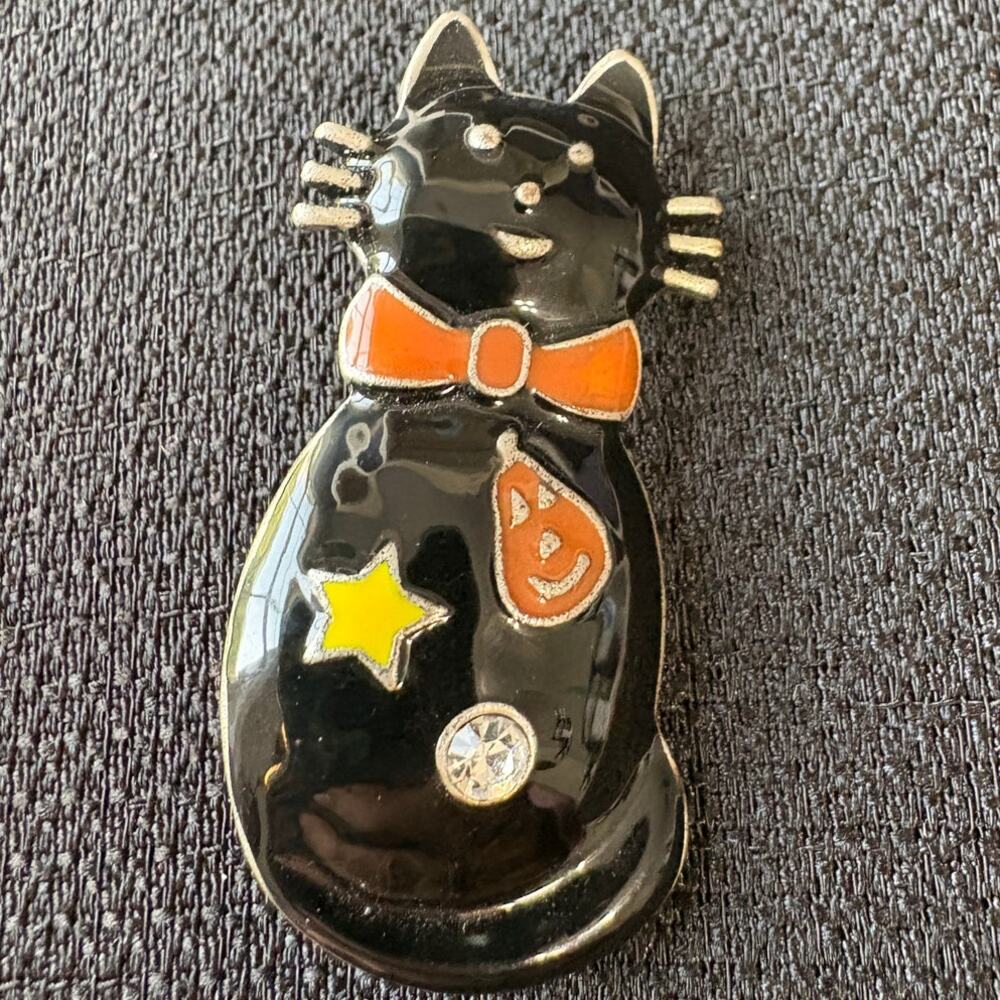 Enamel and Rhinestone Black Cat Halloween Pin Brooch